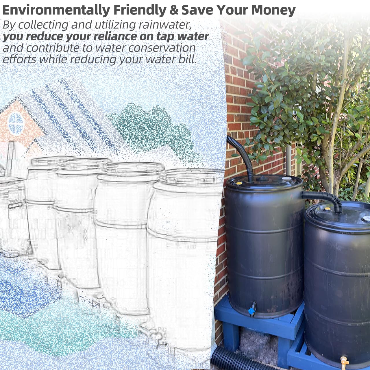 XCWT rain barrel in garden setting showing water reuse benefit