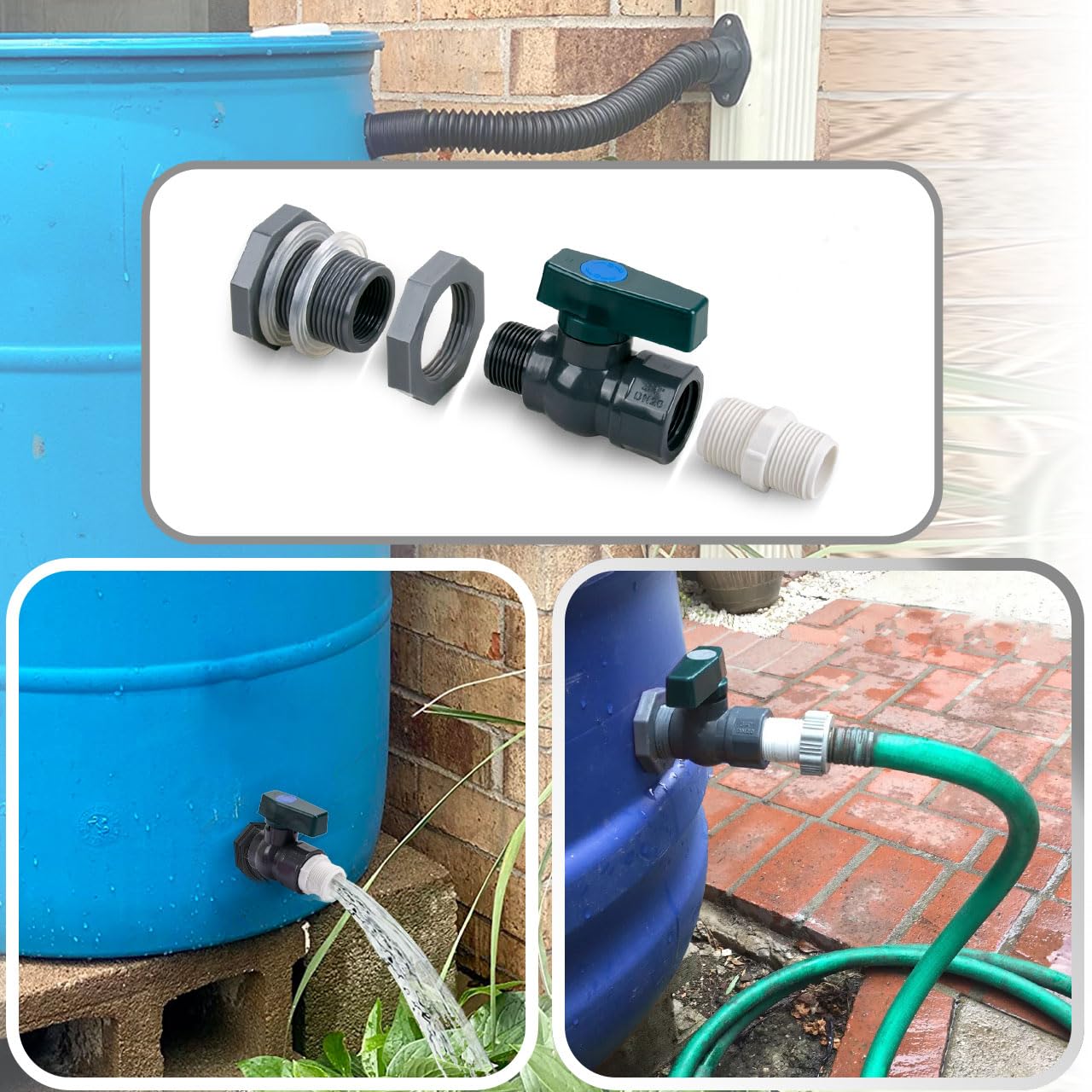 XCWT installed under a rectangular downspout demonstrating tidy setup benefit