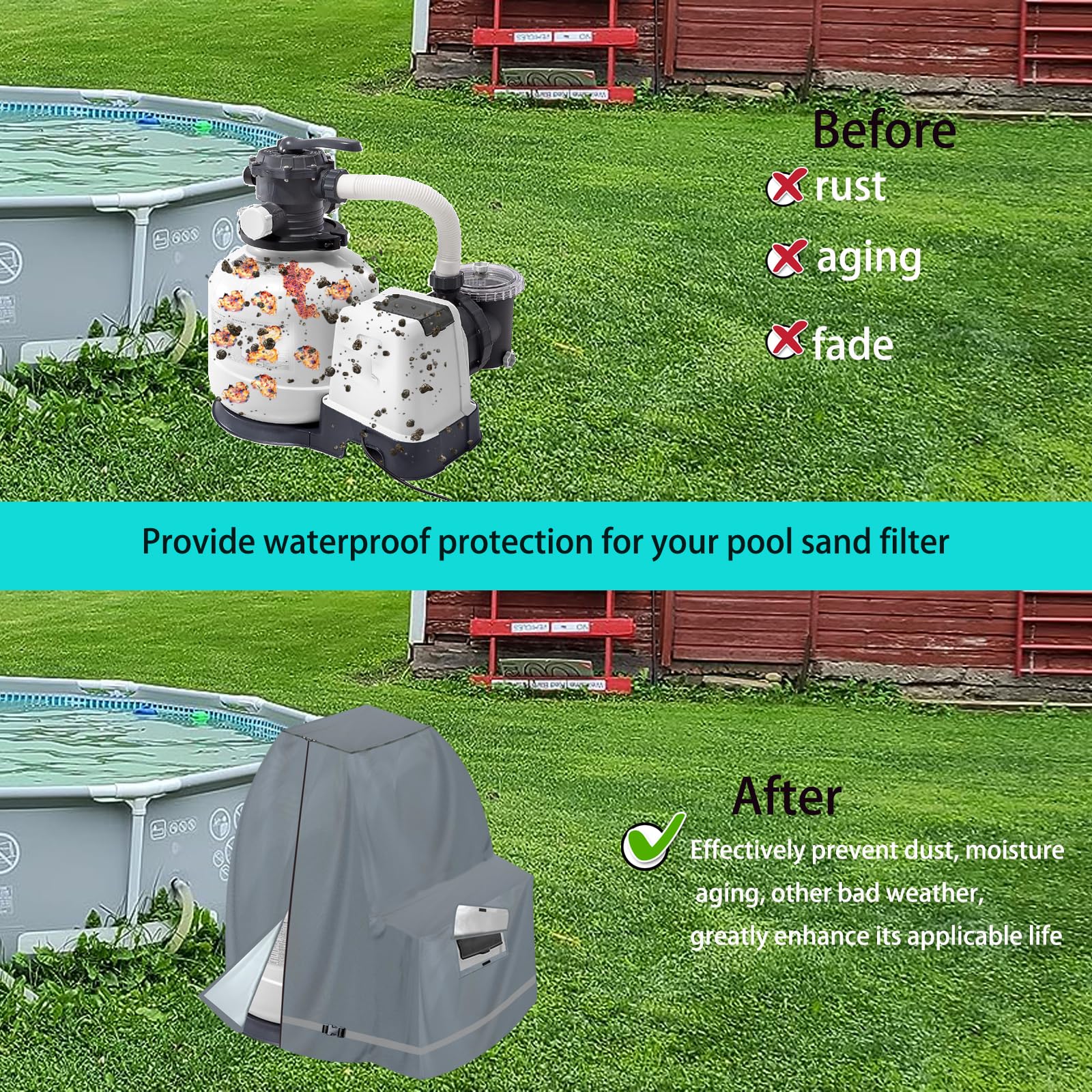 XCZ cover installed on sand filter pump poolside protecting equipment from rain