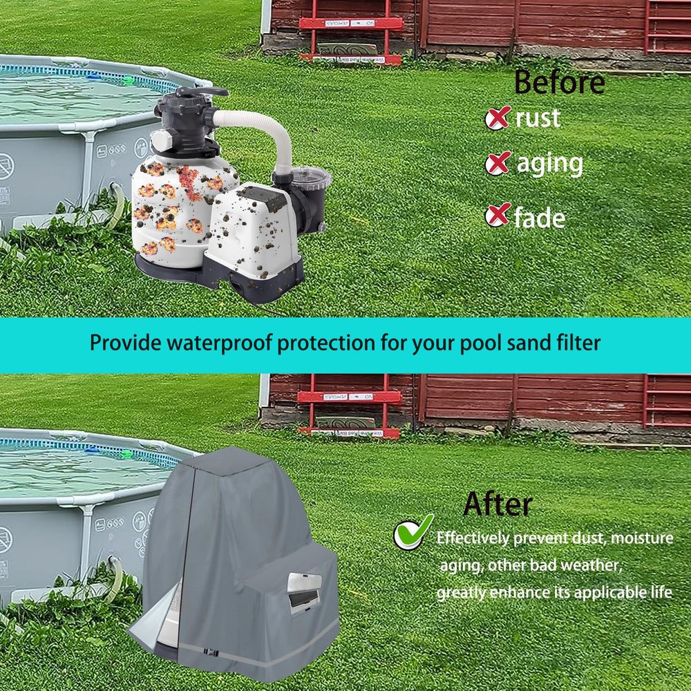 XCZ cover installed on sand filter pump poolside protecting equipment from rain