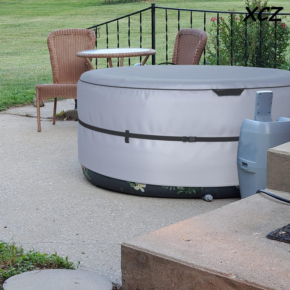 XCZ covered inflatable spa in backyard protecting from rain and debris