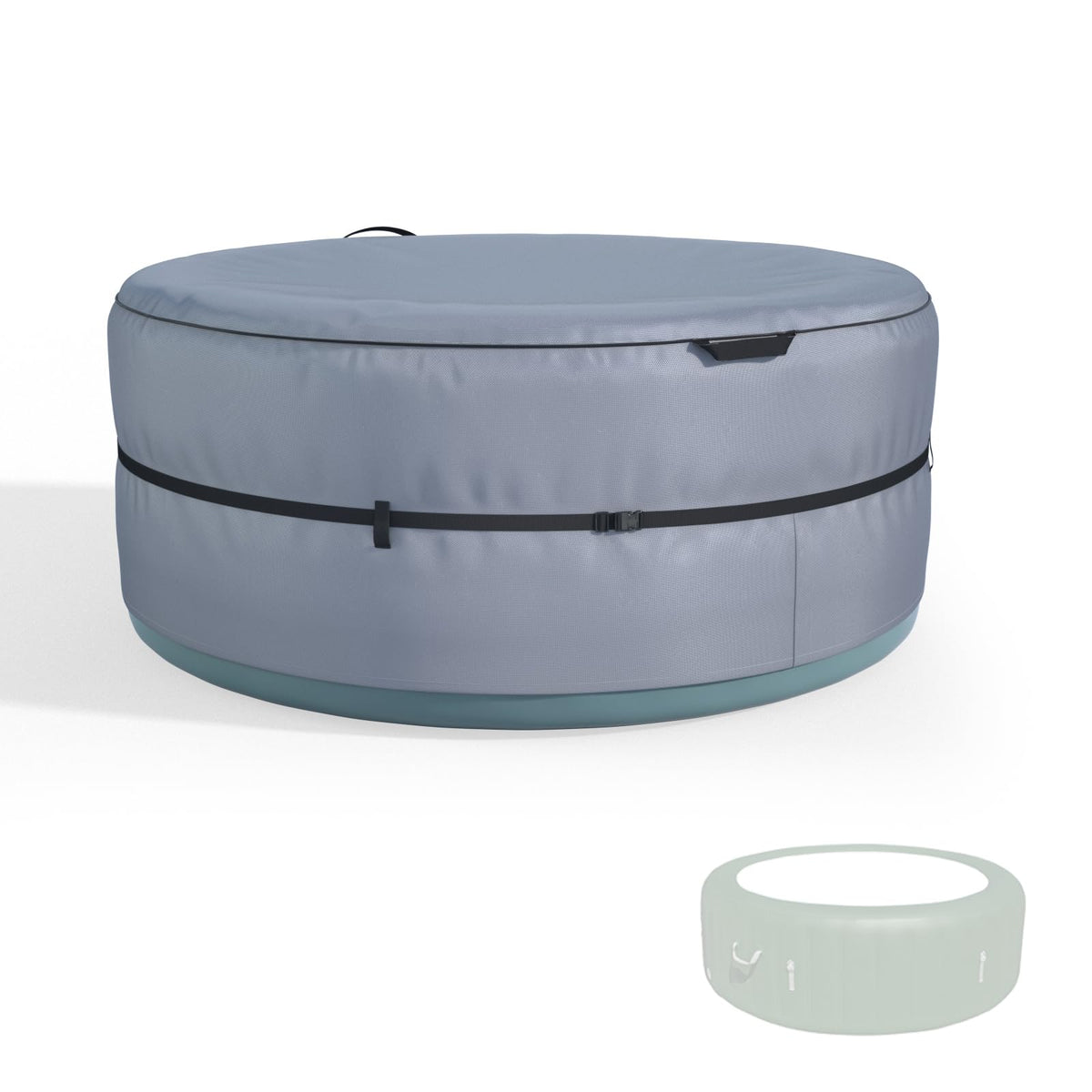 XCZ front view of gray spa cover showing full fit and weather protection
