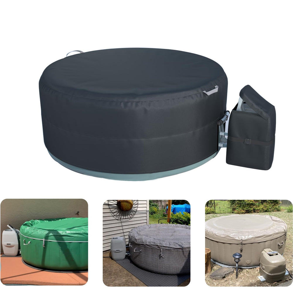 XCZ front view showing full black cover protecting a round hot tub, keeping it weatherproof