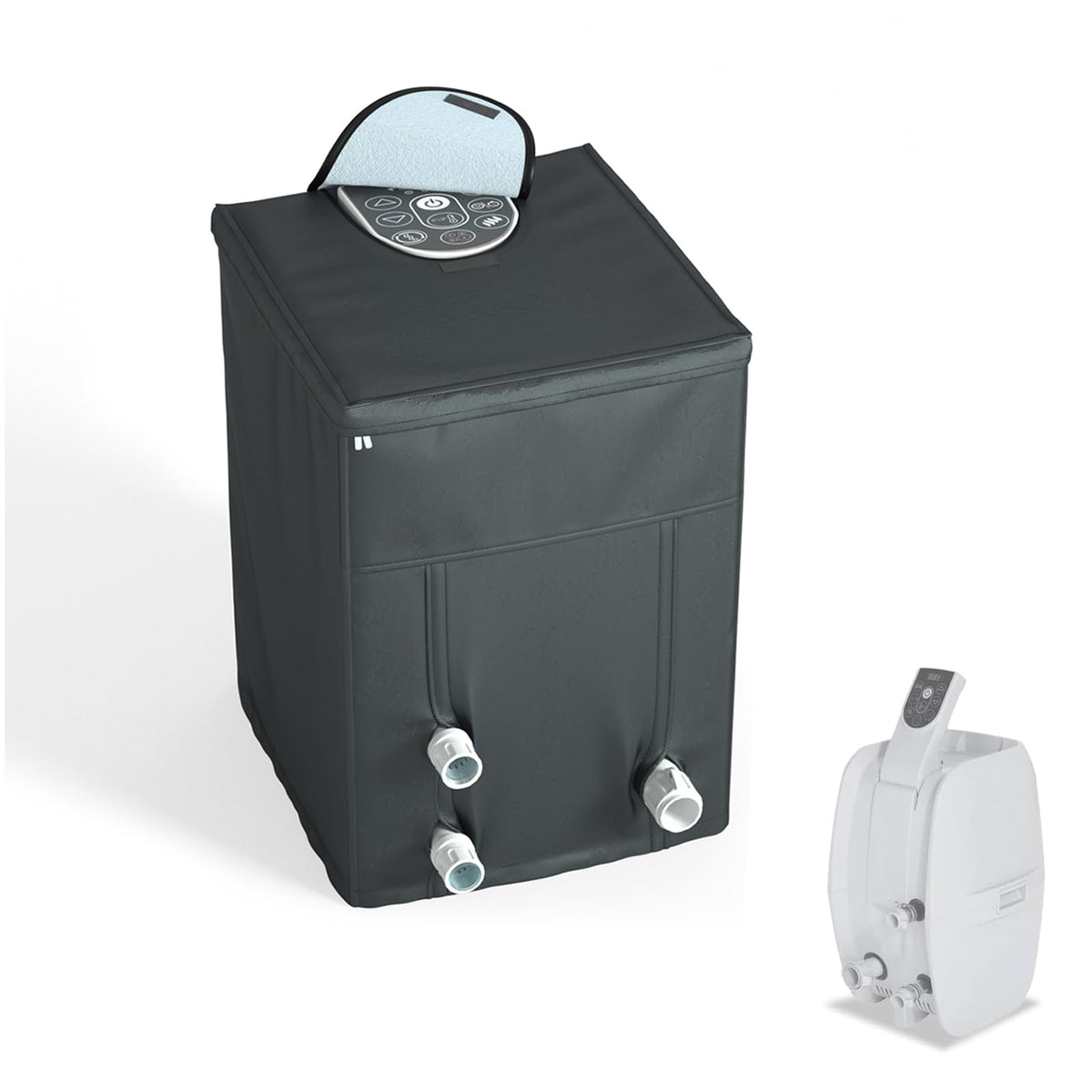 XCZ pump cover front view showing full weatherproof protection and neat fit