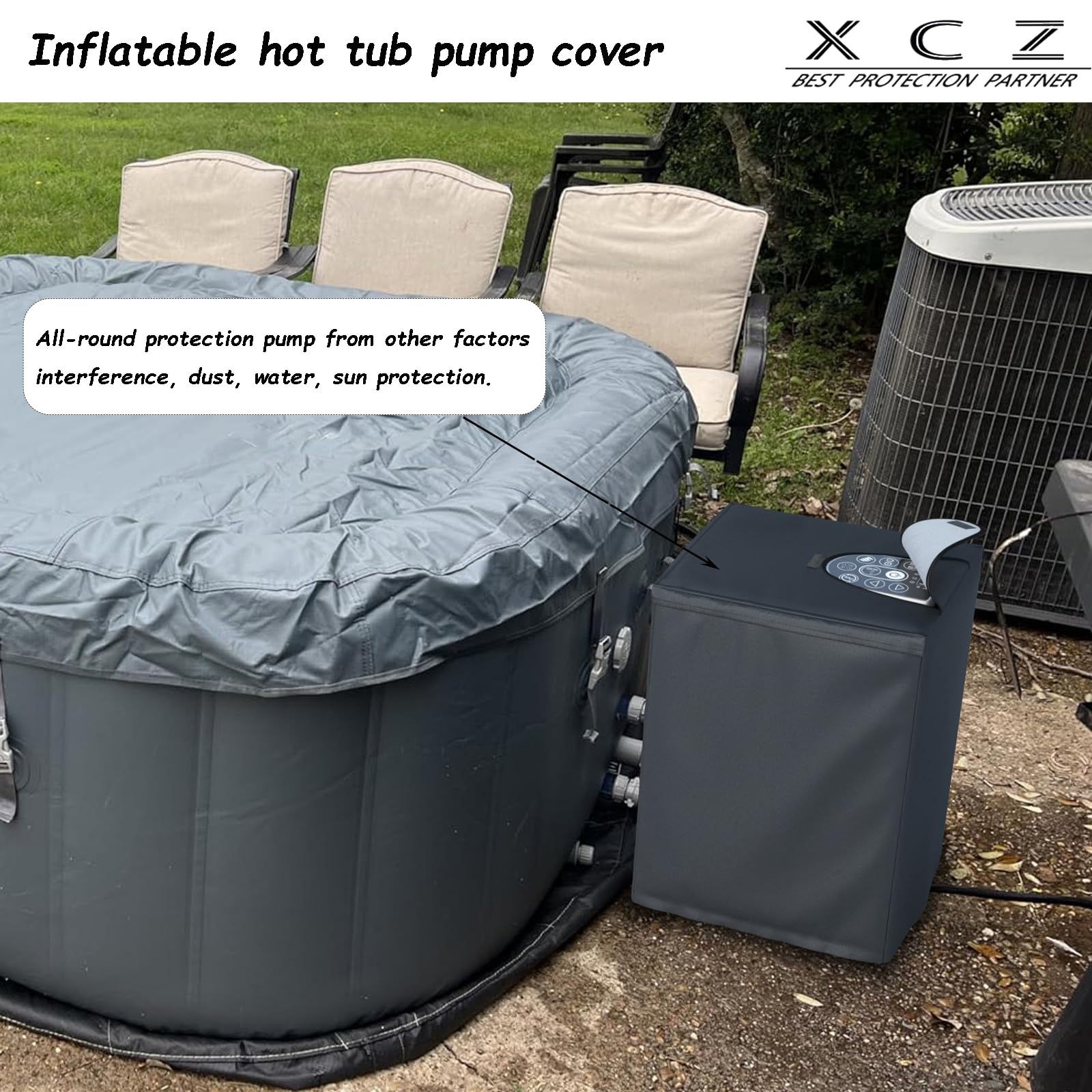 XCZ pump cover installed on an inflatable spa showing outdoor protection benefit