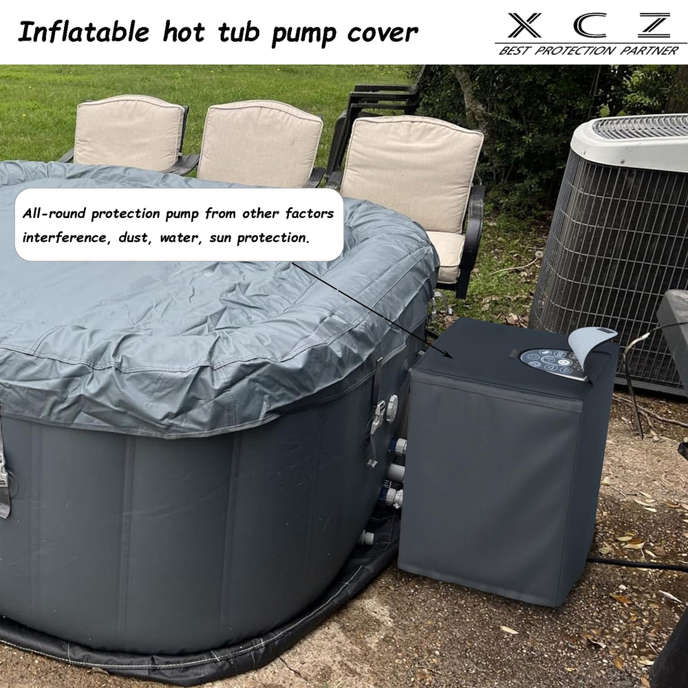 XCZ pump cover installed on an inflatable spa showing outdoor protection benefit