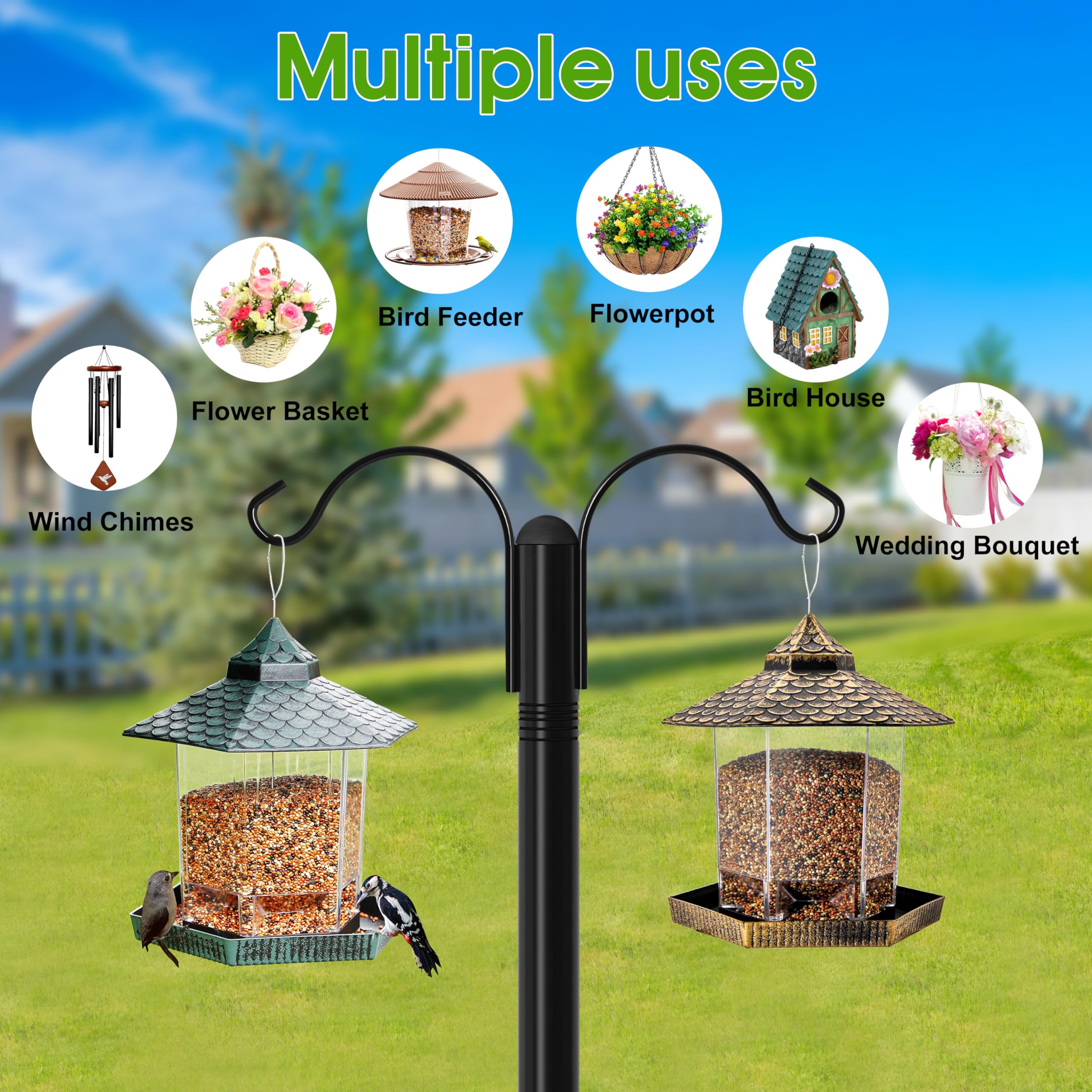 XDW-GIFTS shepherd hook supporting hummingbird feeder and lantern to illustrate dual-use display