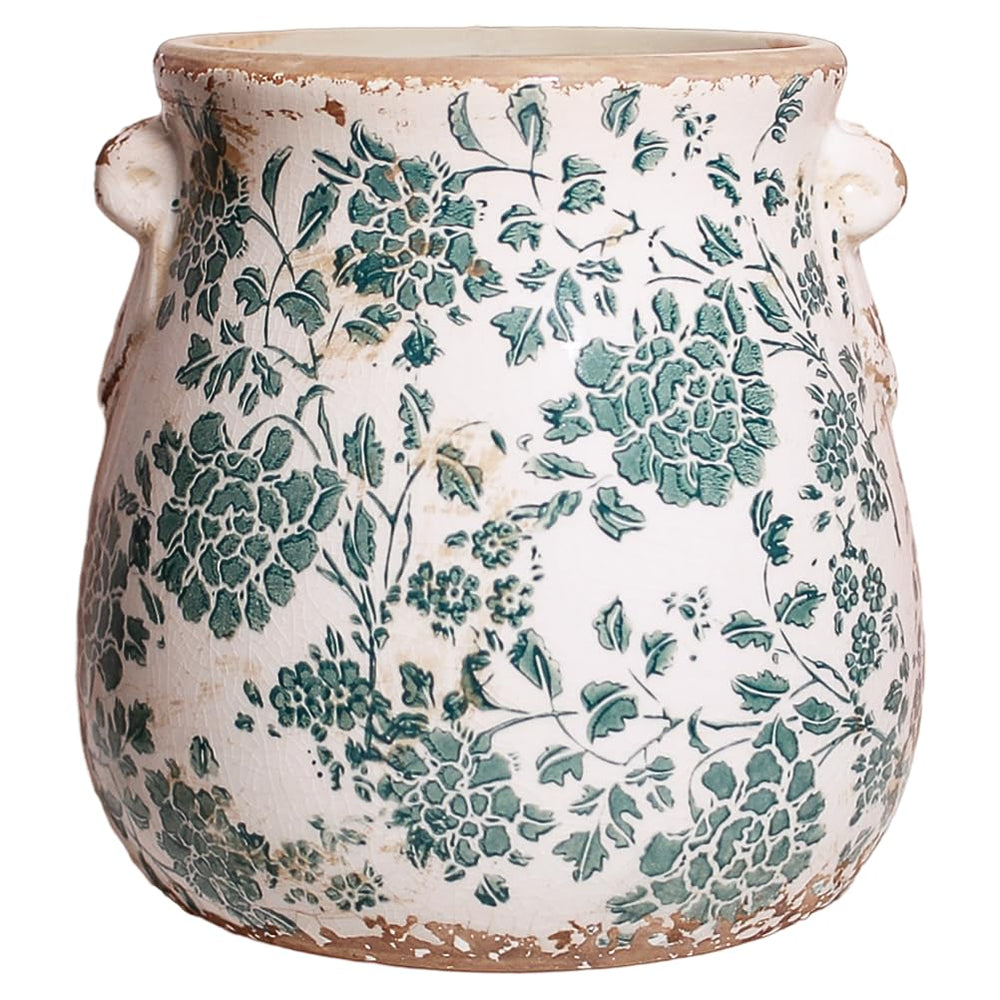 Xiaan Jiaju front view of Tuscan ceramic planter showing vintage shape and charm
