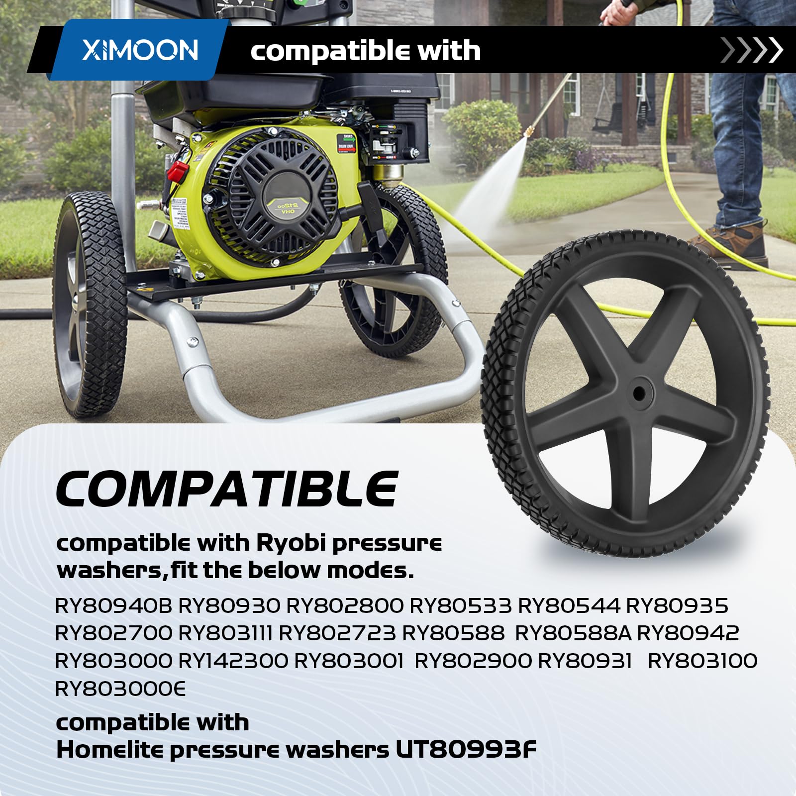 Ximoon wheels installed on pressure washer for easier transport