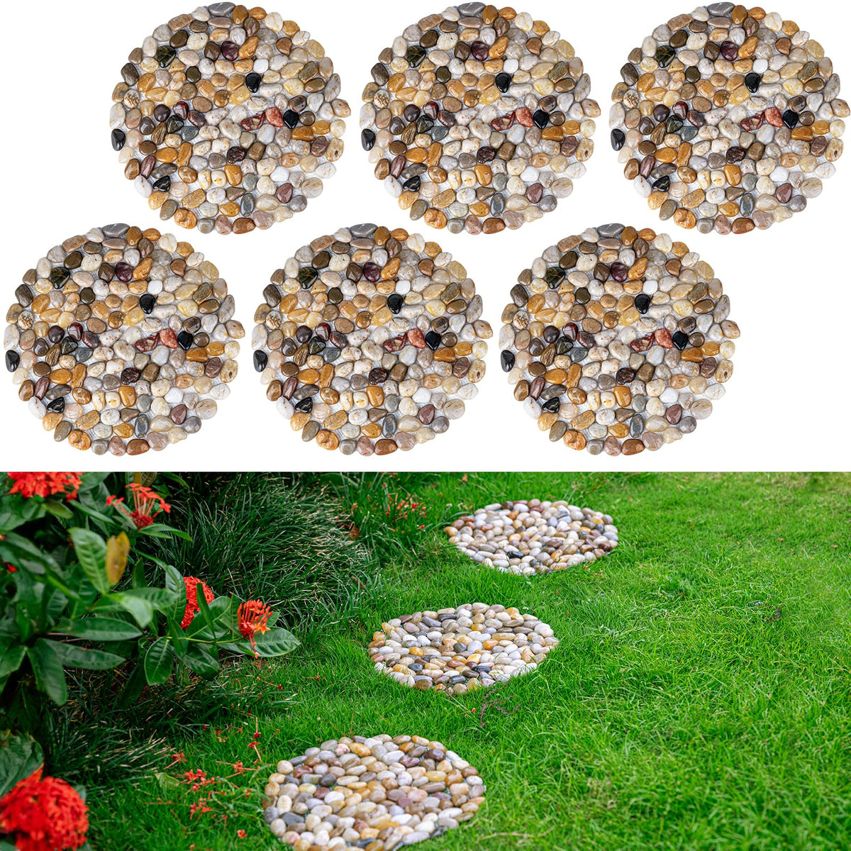 Xindian front view of six round pebble mats showing natural color appeal and curbside style