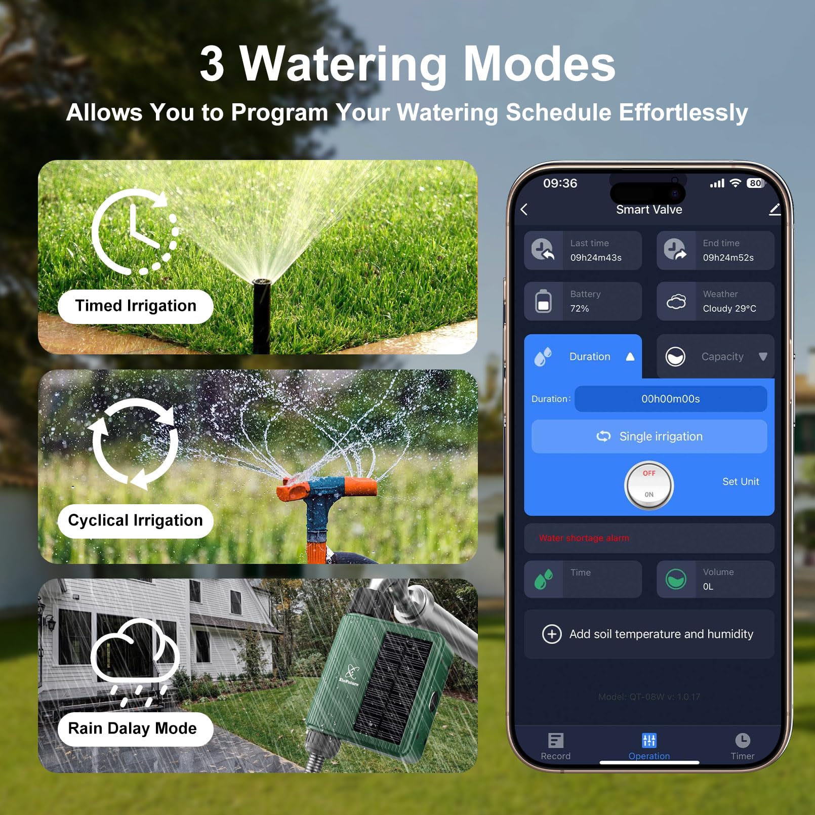 XinFuture app schedule screen on phone showing remote control and tailored watering