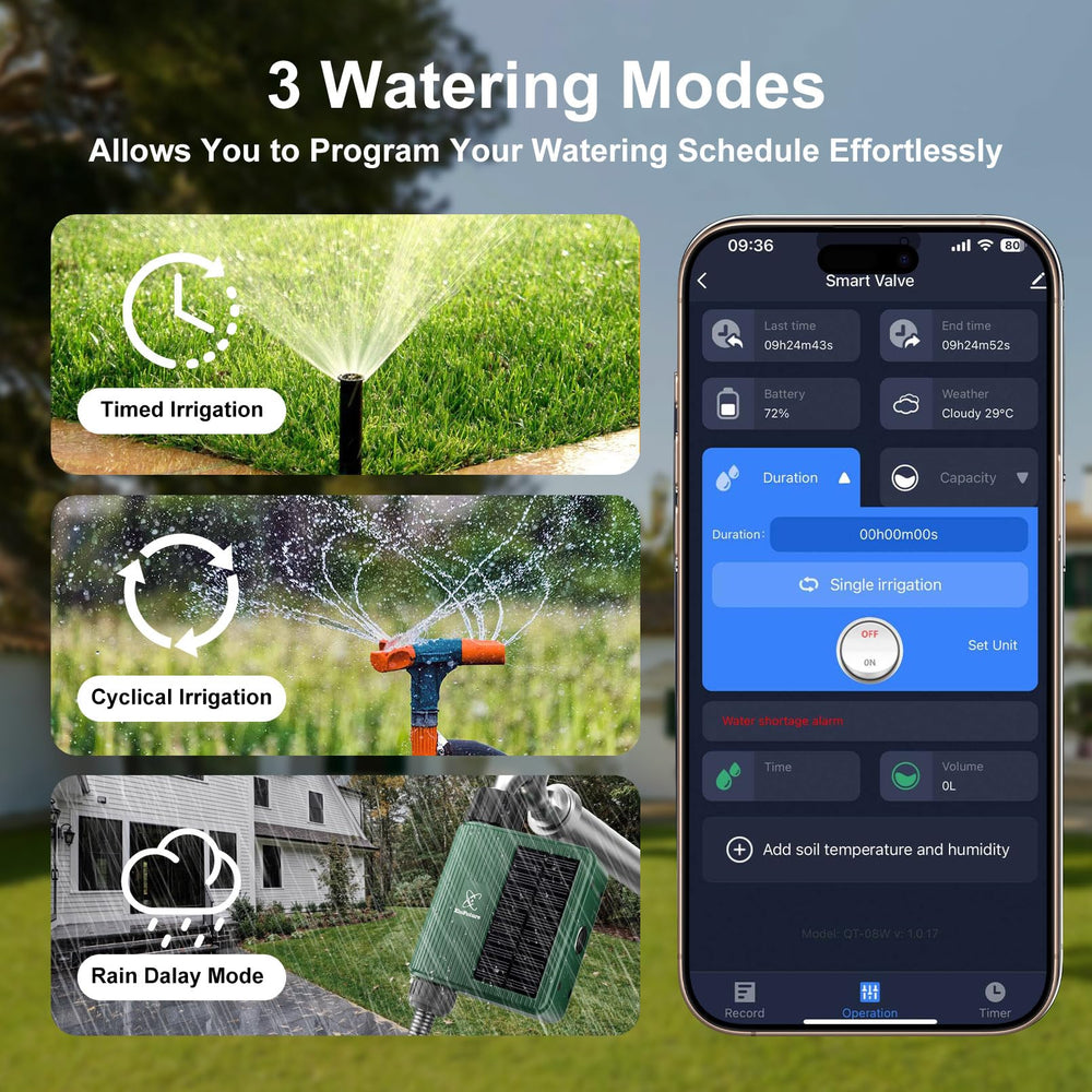 XinFuture app schedule screen on phone showing remote control and tailored watering