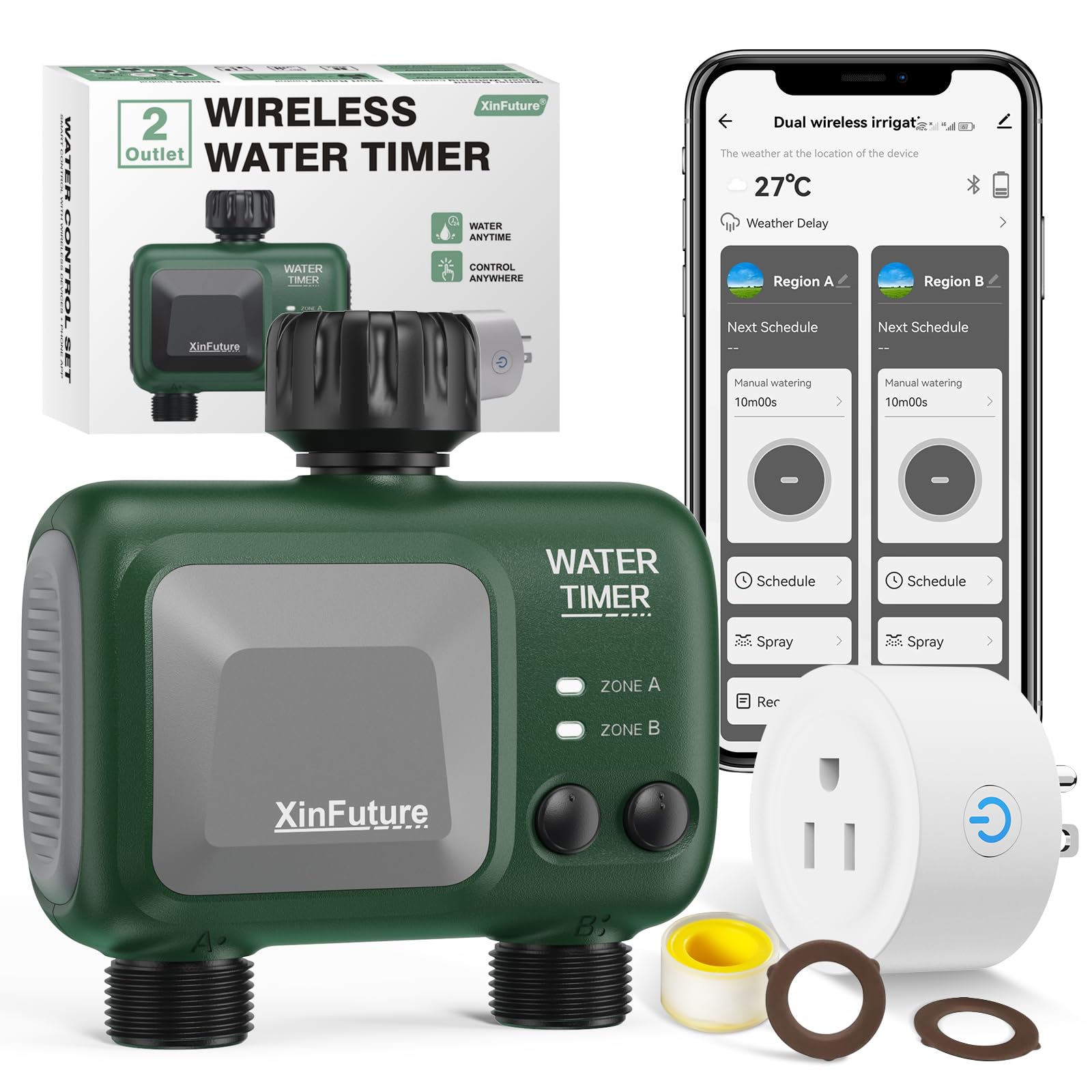 XinFuture front view of timer showing dual outlets and control buttons for easy operation