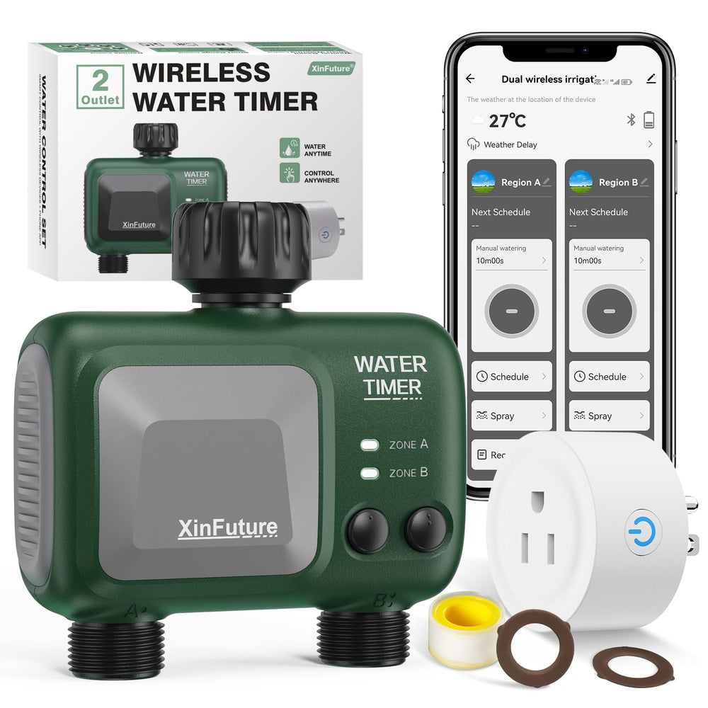 XinFuture front view of timer showing dual outlets and control buttons for easy operation