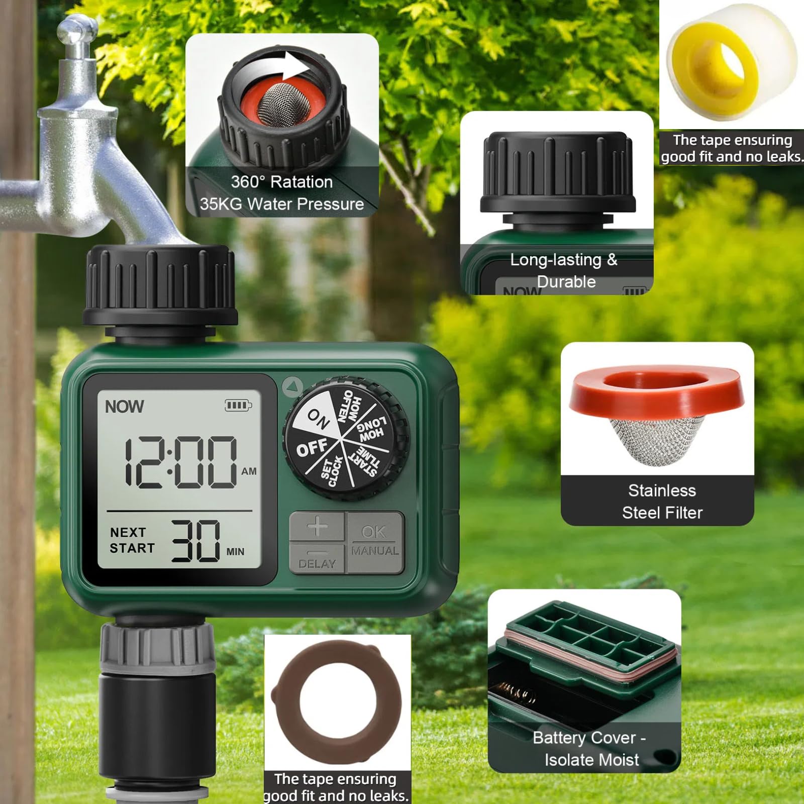 XinFuture attached to garden hose showing reliable outlet connection for sprinklers