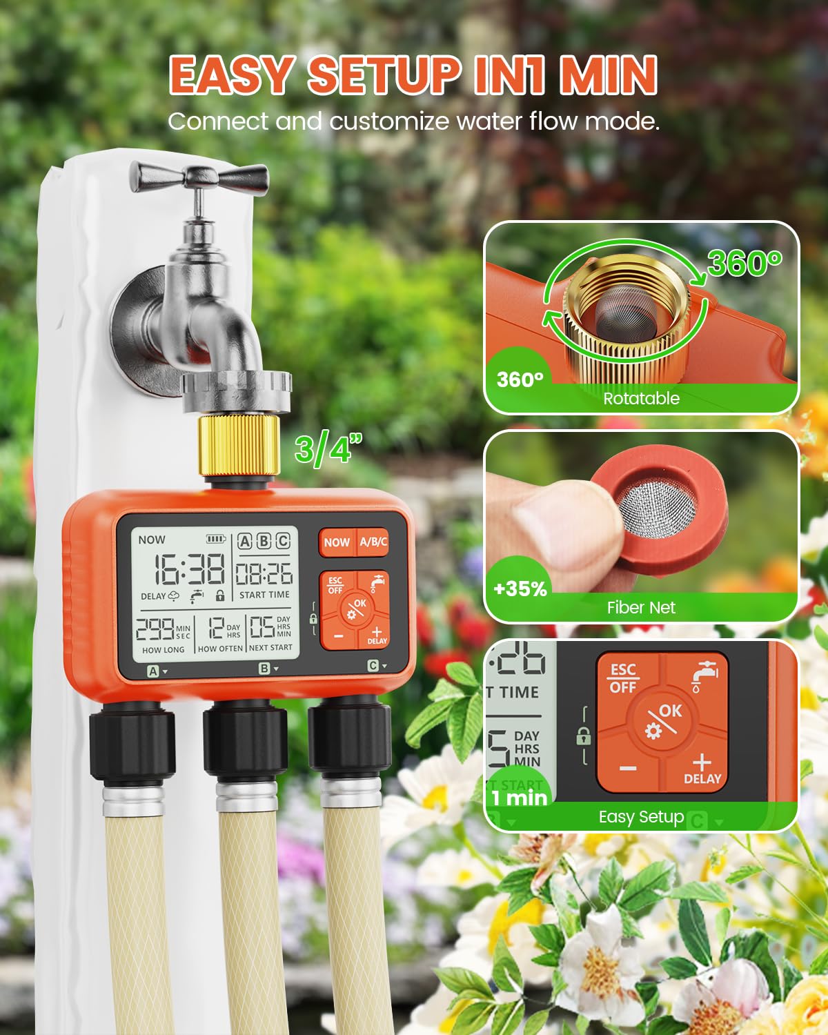 XinFuture installed beside flower bed illustrating targeted irrigation benefits