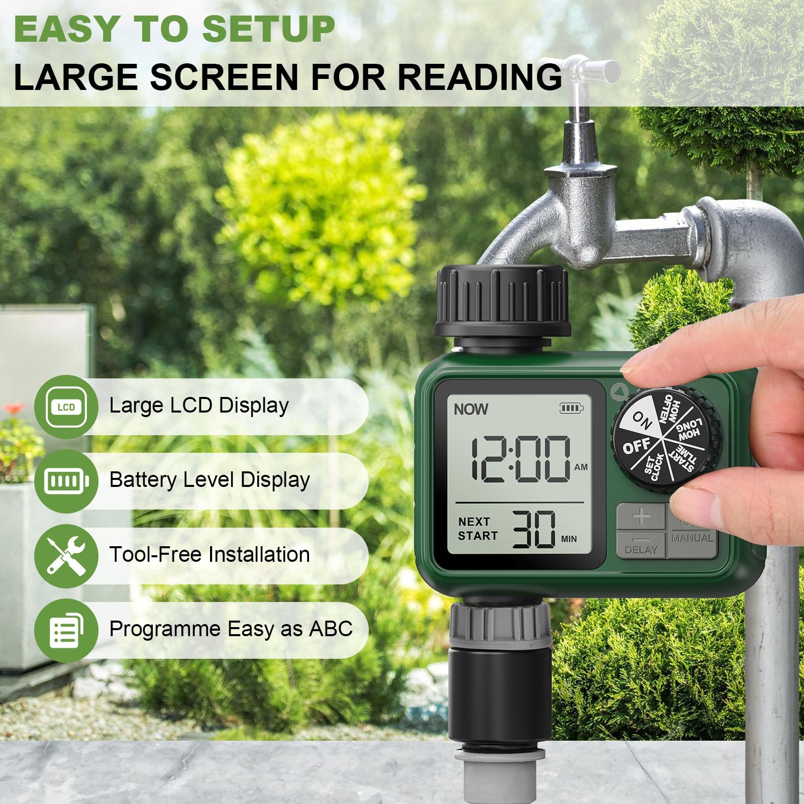 XinFuture bright LCD closeup displaying watering time and battery level for readability