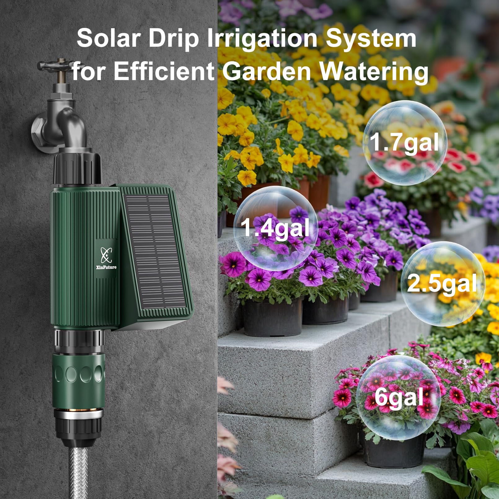 XinFuture lifestyle garden setting with timer running for hands-free lawn care