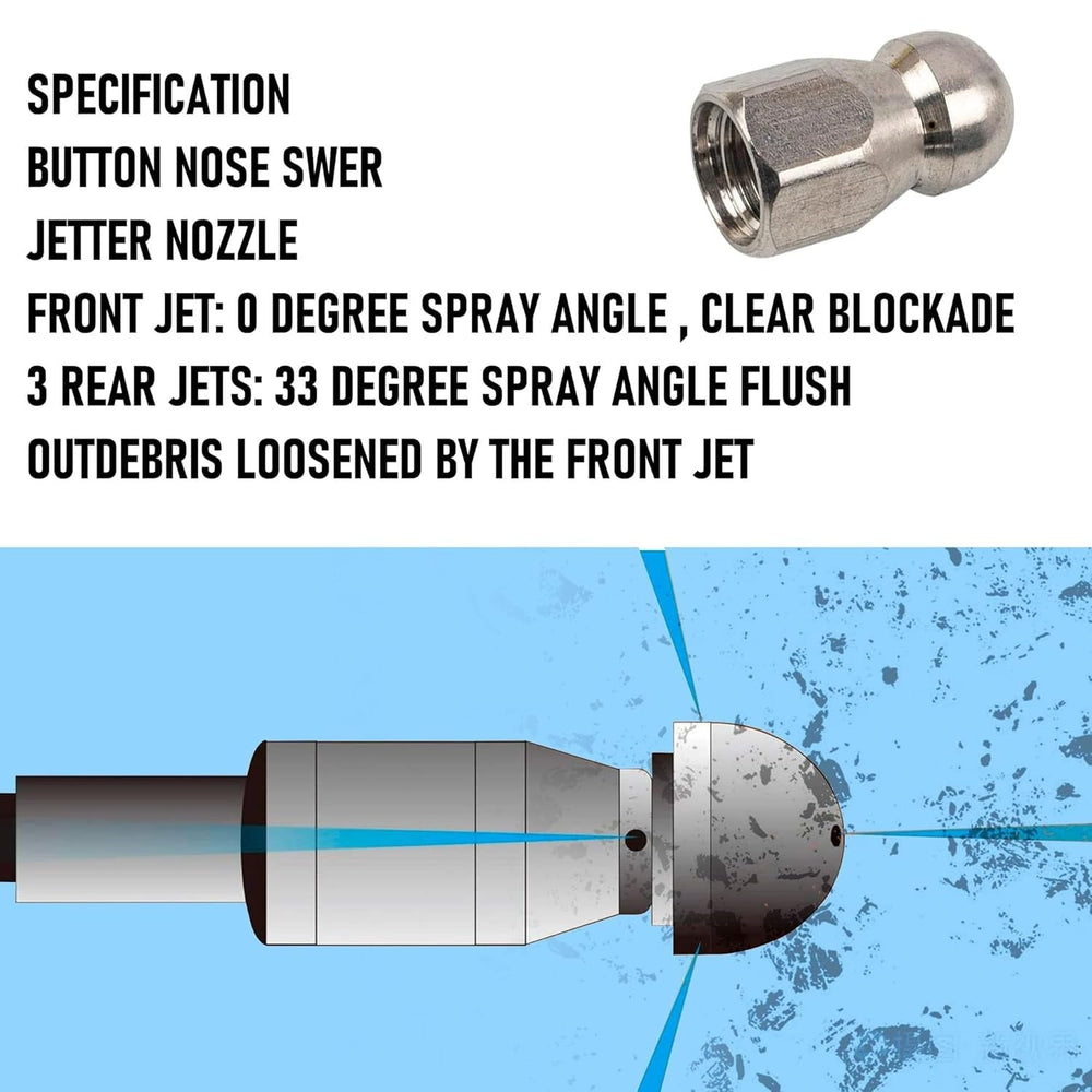 Xiny Tool button and pointed nozzles in hand for targeted clog removal