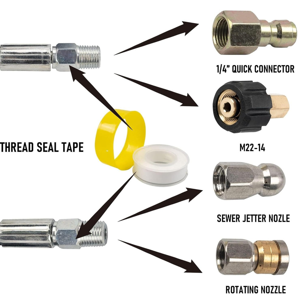 Xiny Tool five sewer jetting nozzles lined up, offering targeted solutions for different clogs