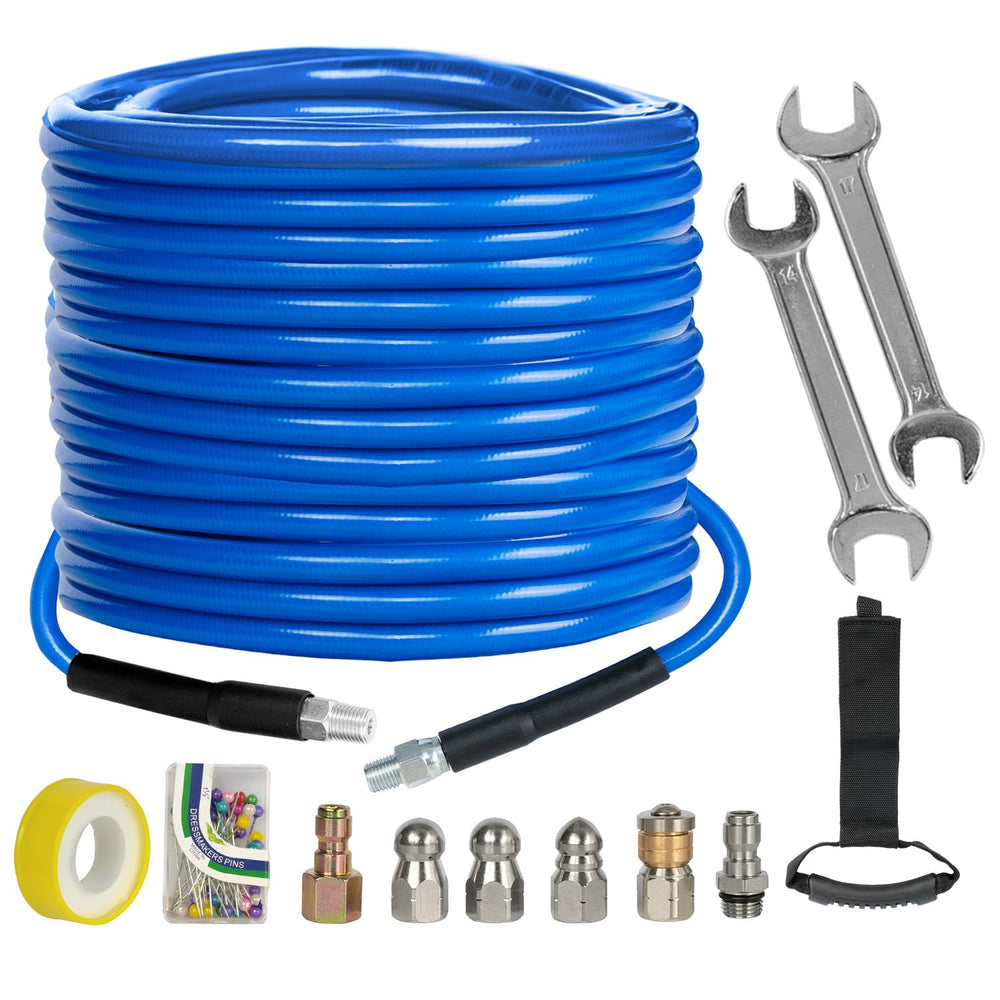 Xiny Tool front view of full sewer jetter kit showing included nozzles and hose, ready to use