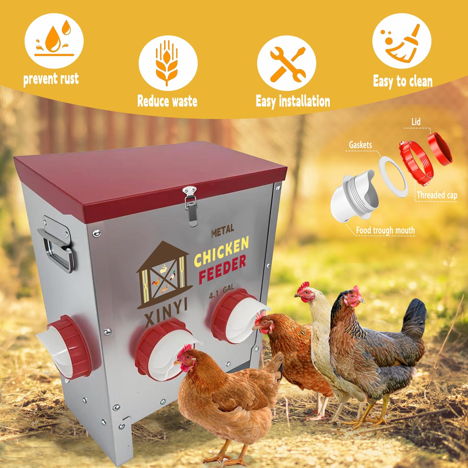 XINYI feeder with chickens eating depicting simultaneous feeding and reduced competition benefit