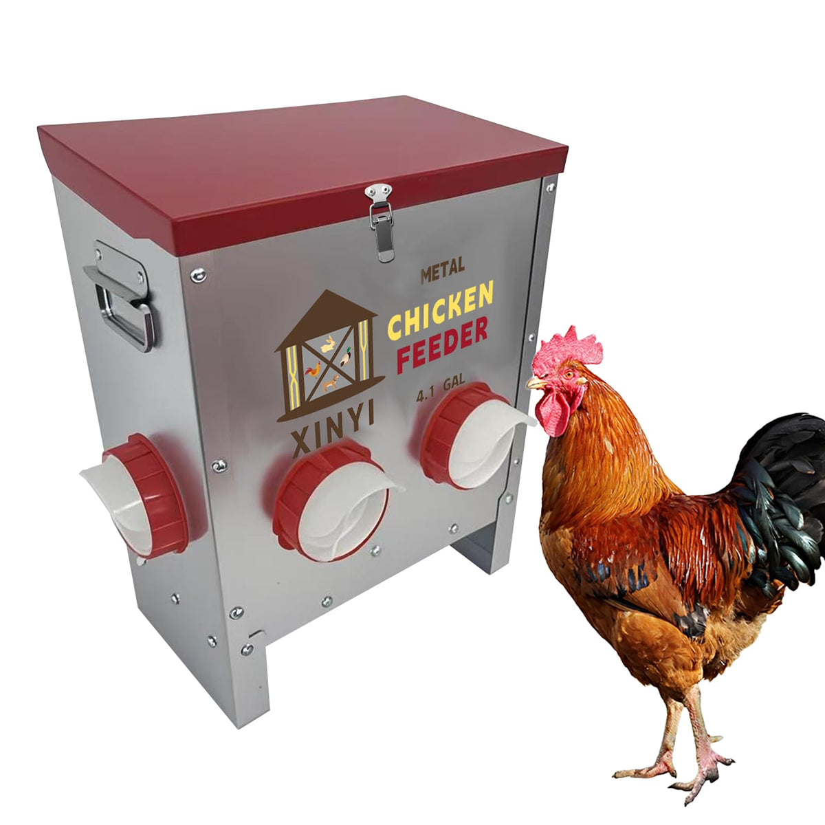 XINYI front view showing four-port tray and sturdy galvanized hopper benefit: easy multi-bird feeding