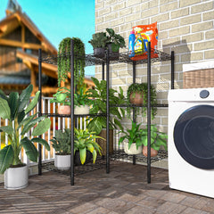Xiofio on balcony with diverse pots demonstrating space-saving layered display benefit