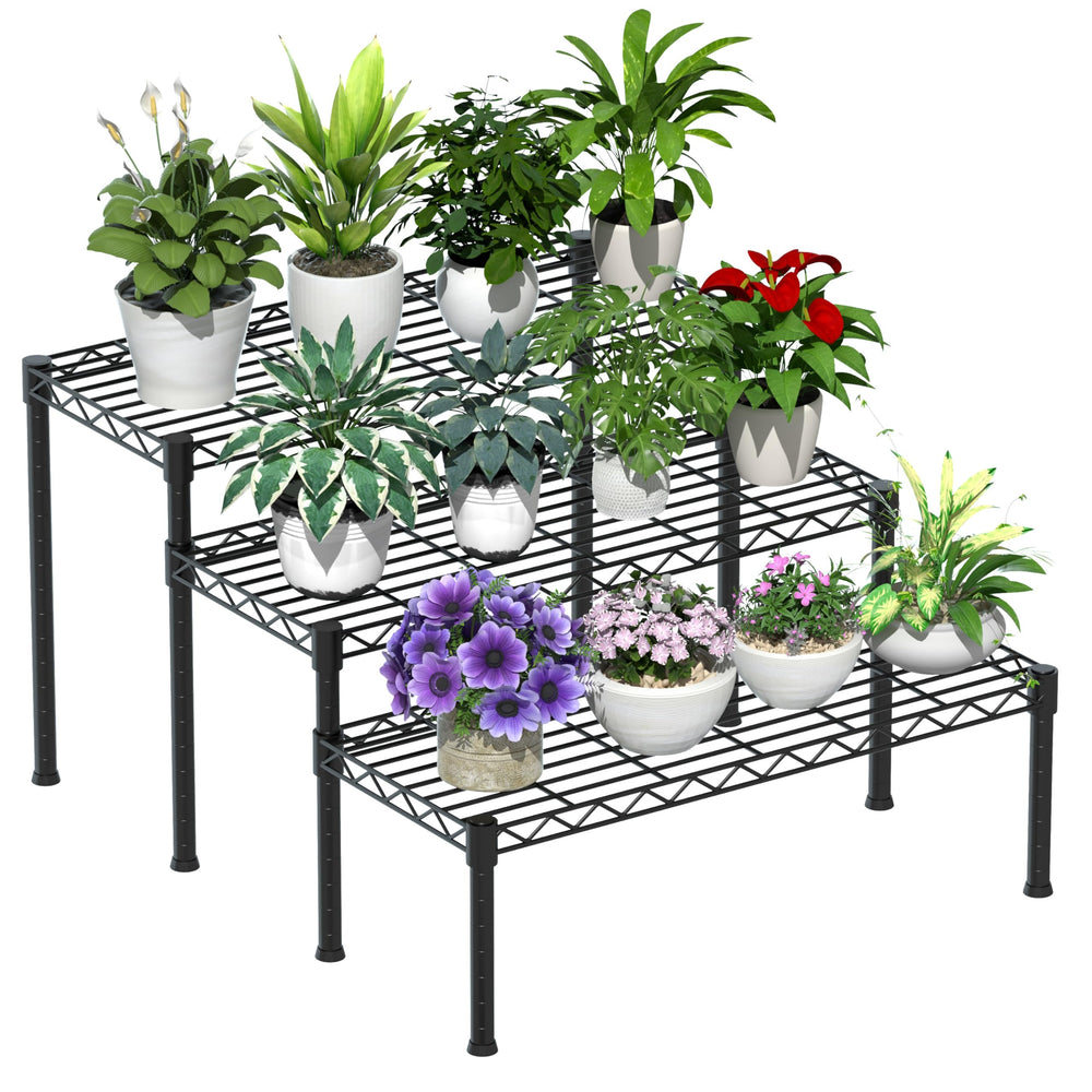 Xiofio front view of black plant stand showing sturdy multi-tier display benefit