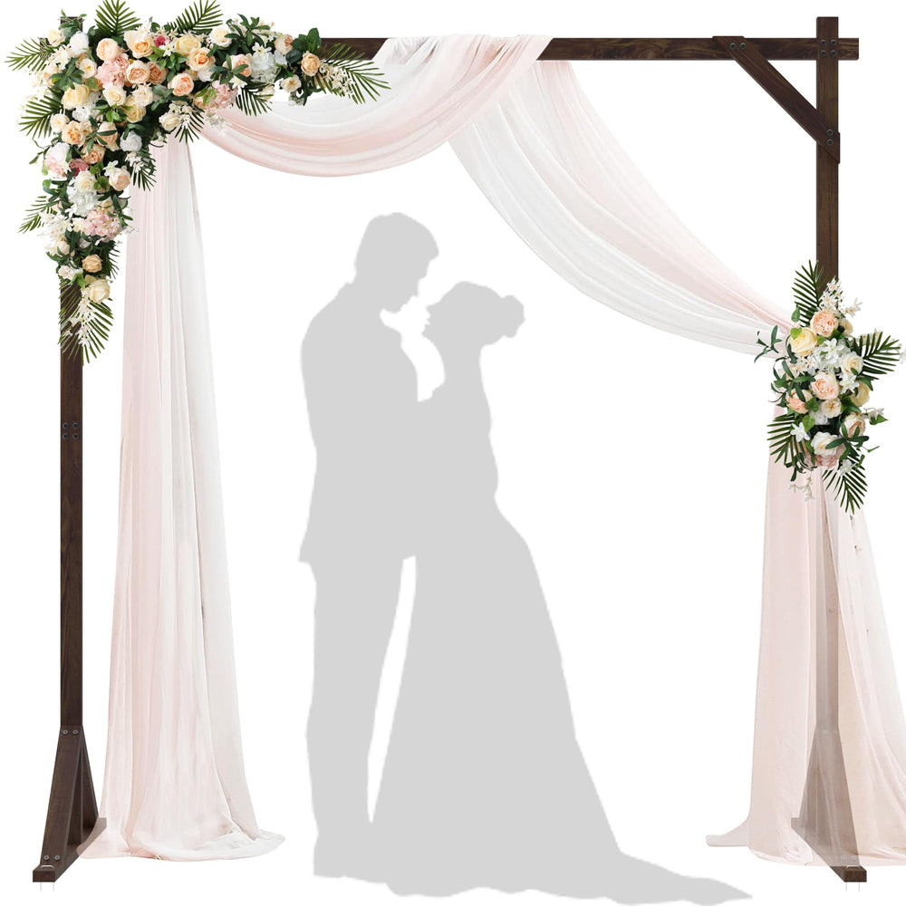Xiomot square arch front view showing elegant wooden backdrop and ceremony framing benefit