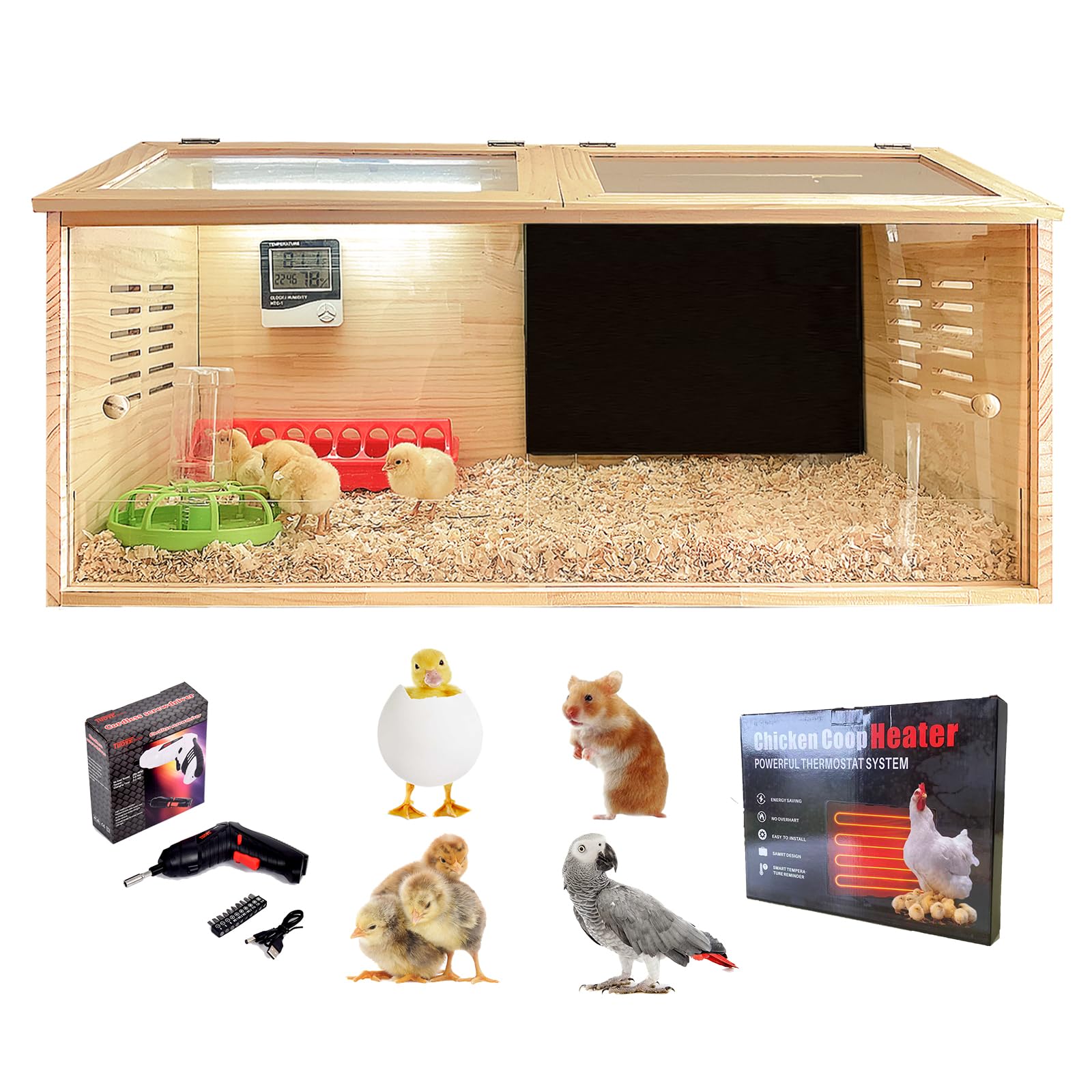 XITIANKJ brooder box front view shows secure enclosure and easy monitoring