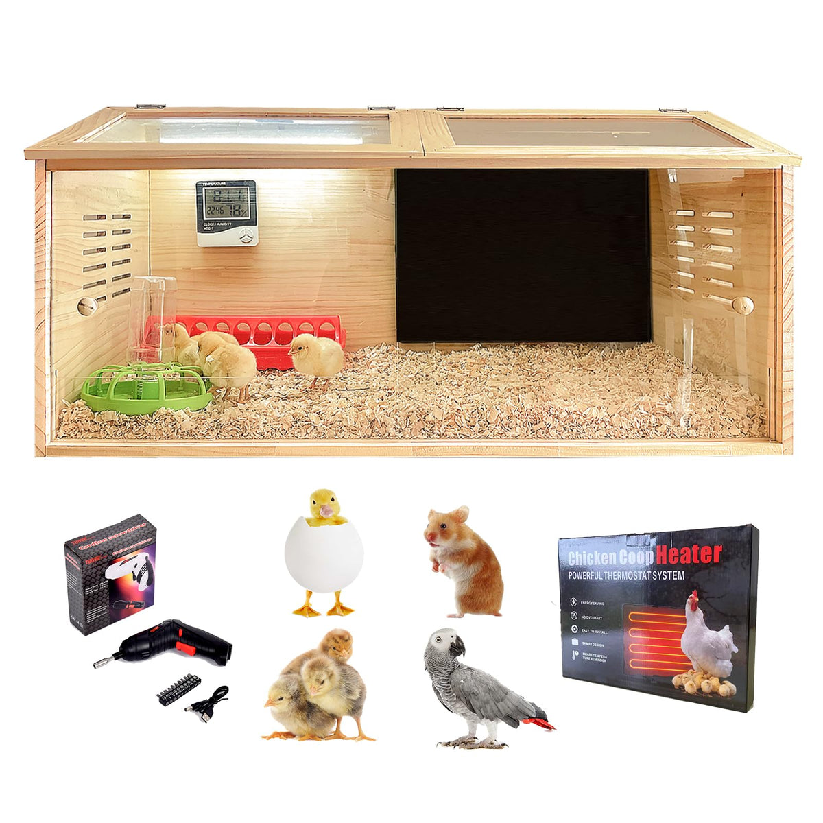 XITIANKJ brooder box front view shows secure enclosure and easy monitoring