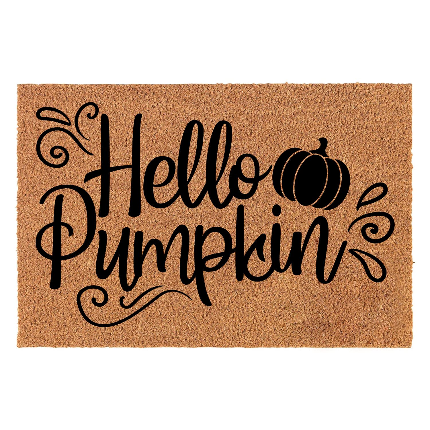 XLQHYH front view of Hello Pumpkin coir doormat showing welcome design and durable fibers