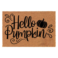 XLQHYH front view of Hello Pumpkin coir doormat showing welcome design and durable fibers