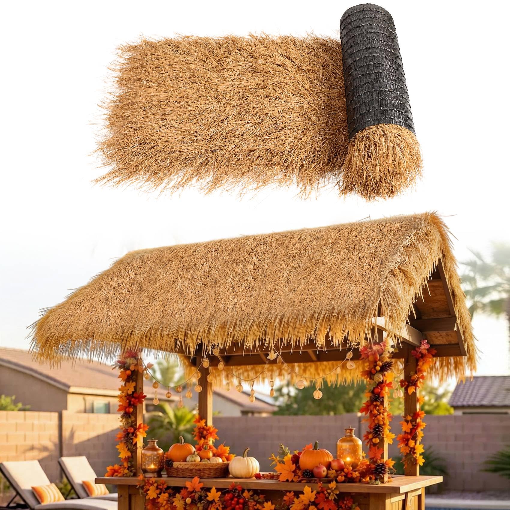 XLX TURF front view of thatch roll showing yellow tiki roof material and easy handling benefit