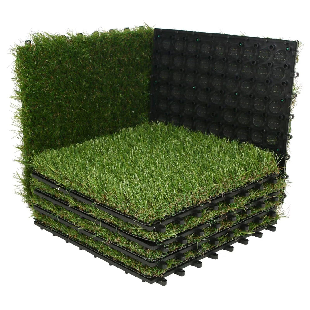 XLX TURF front view of six 12x12 interlocking tiles showing packaging and layout benefit