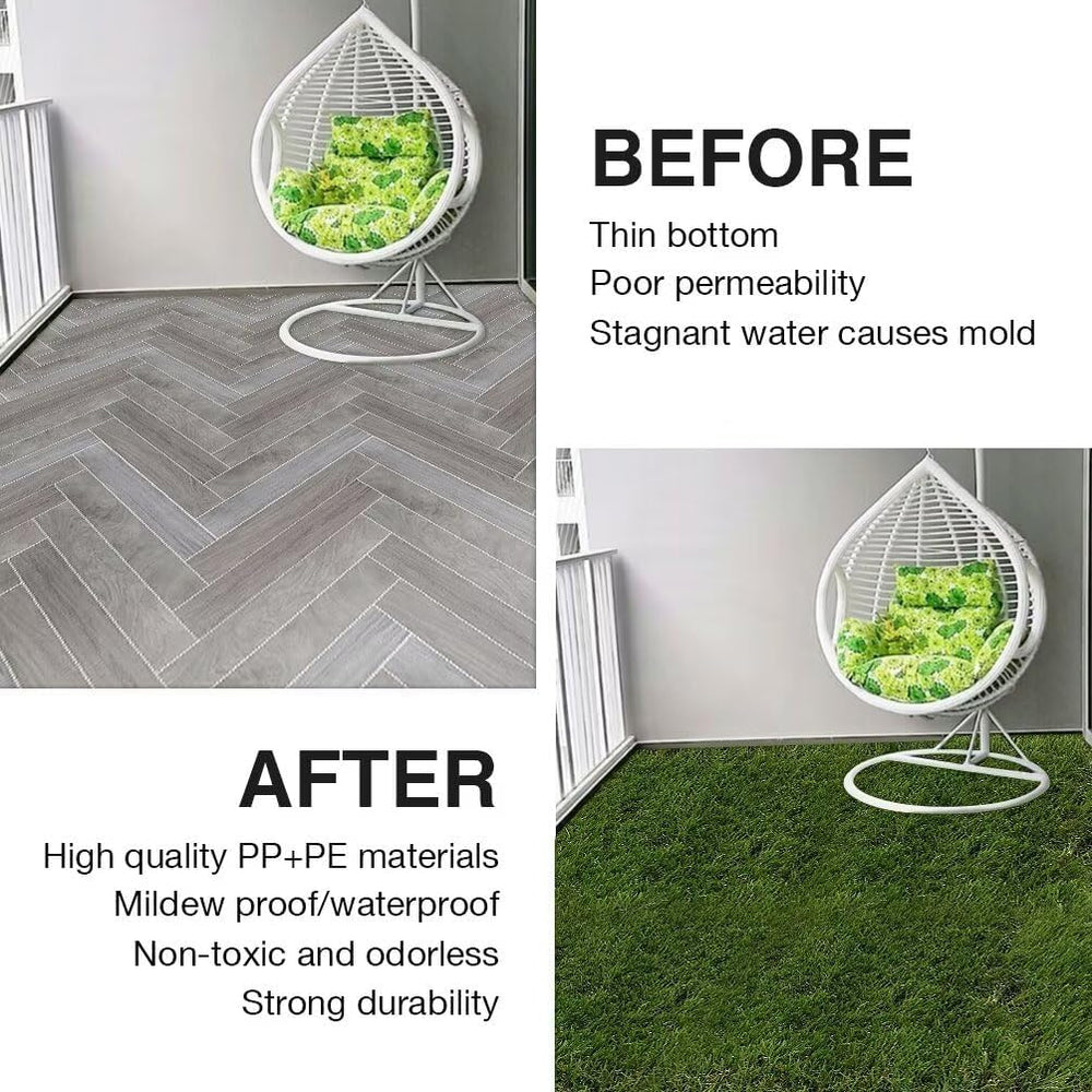 XLX TURF lifestyle patio scene with furniture showing instant green transformation