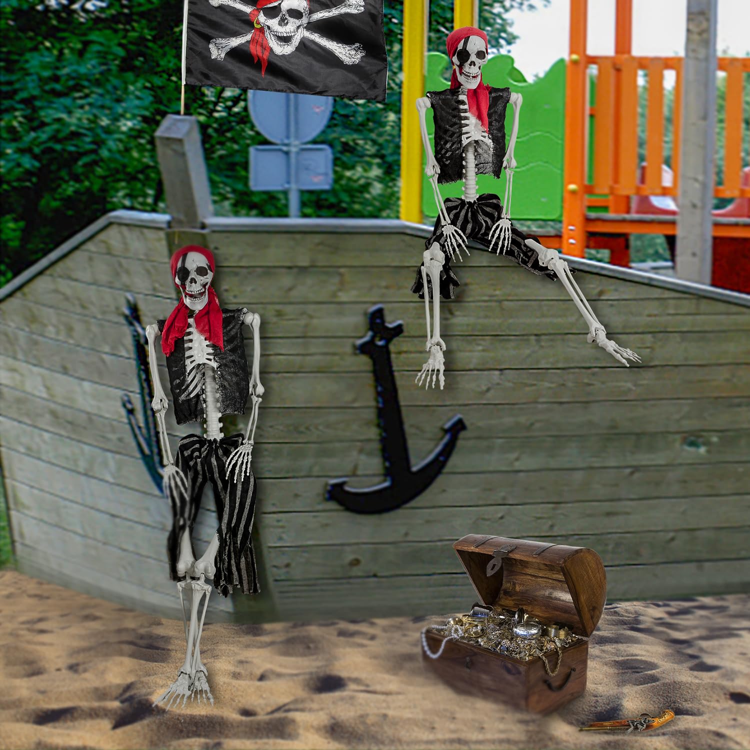 XONOR pirate skeleton next to a person to show 5.4ft height and scale
