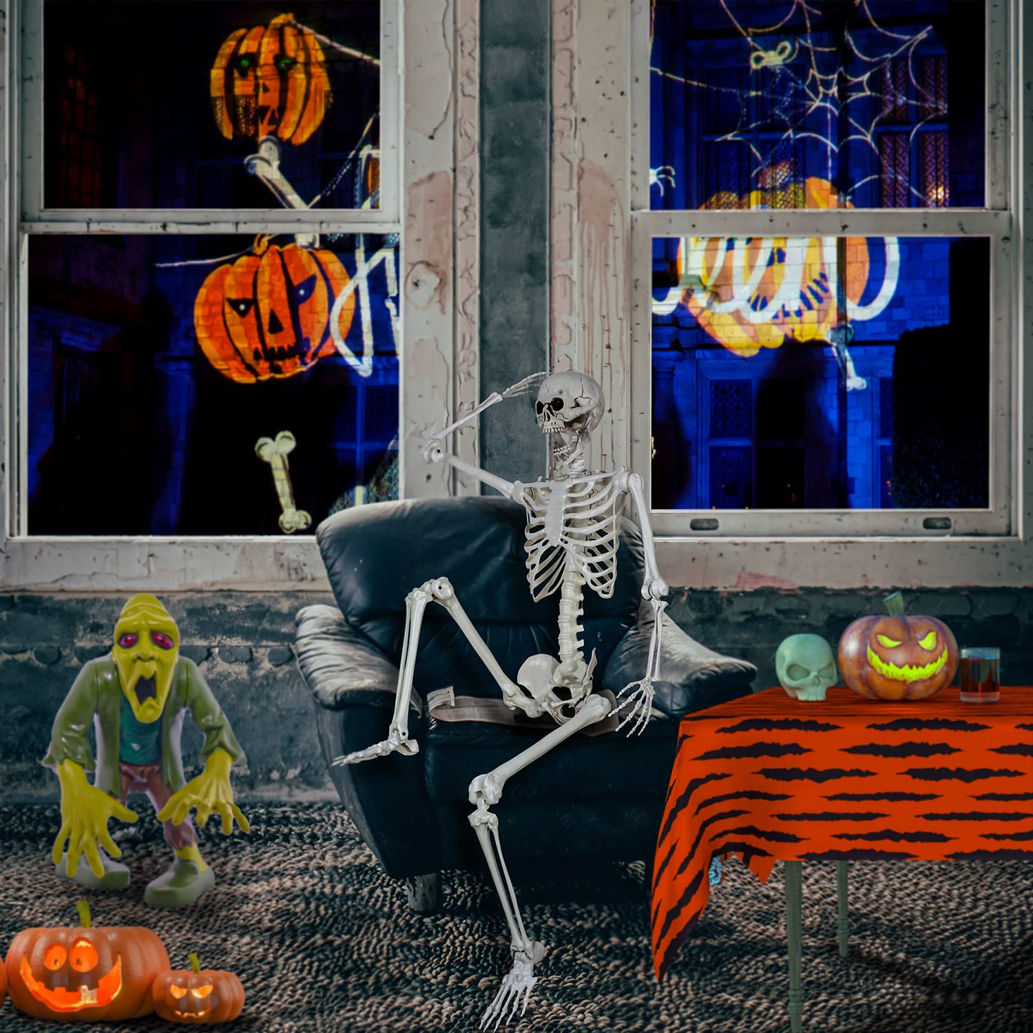 XONOR skeleton next to chair for scale to judge 5.4ft height