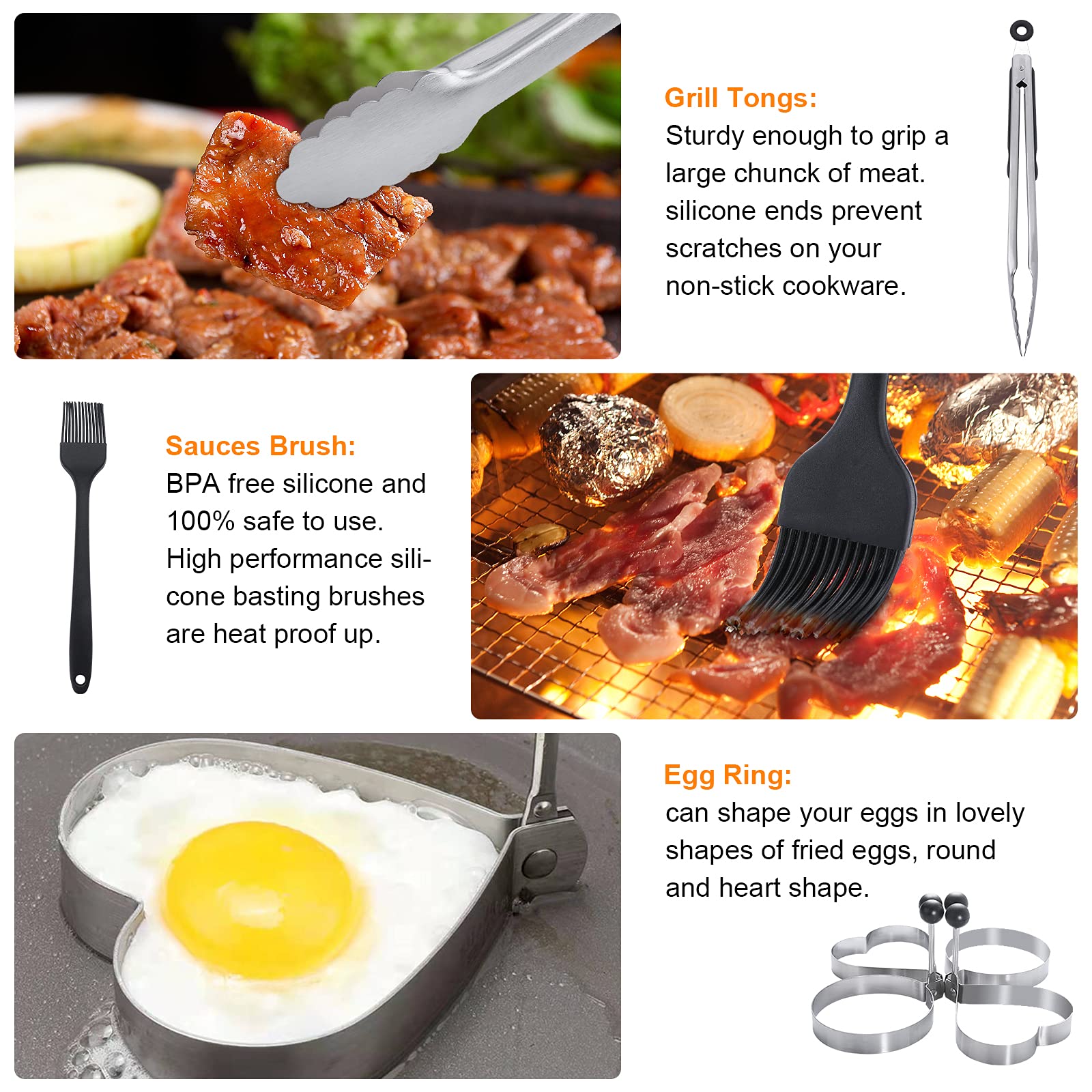 XOOHP egg rings and sauce dispensers displayed to show portion control and easy seasoning