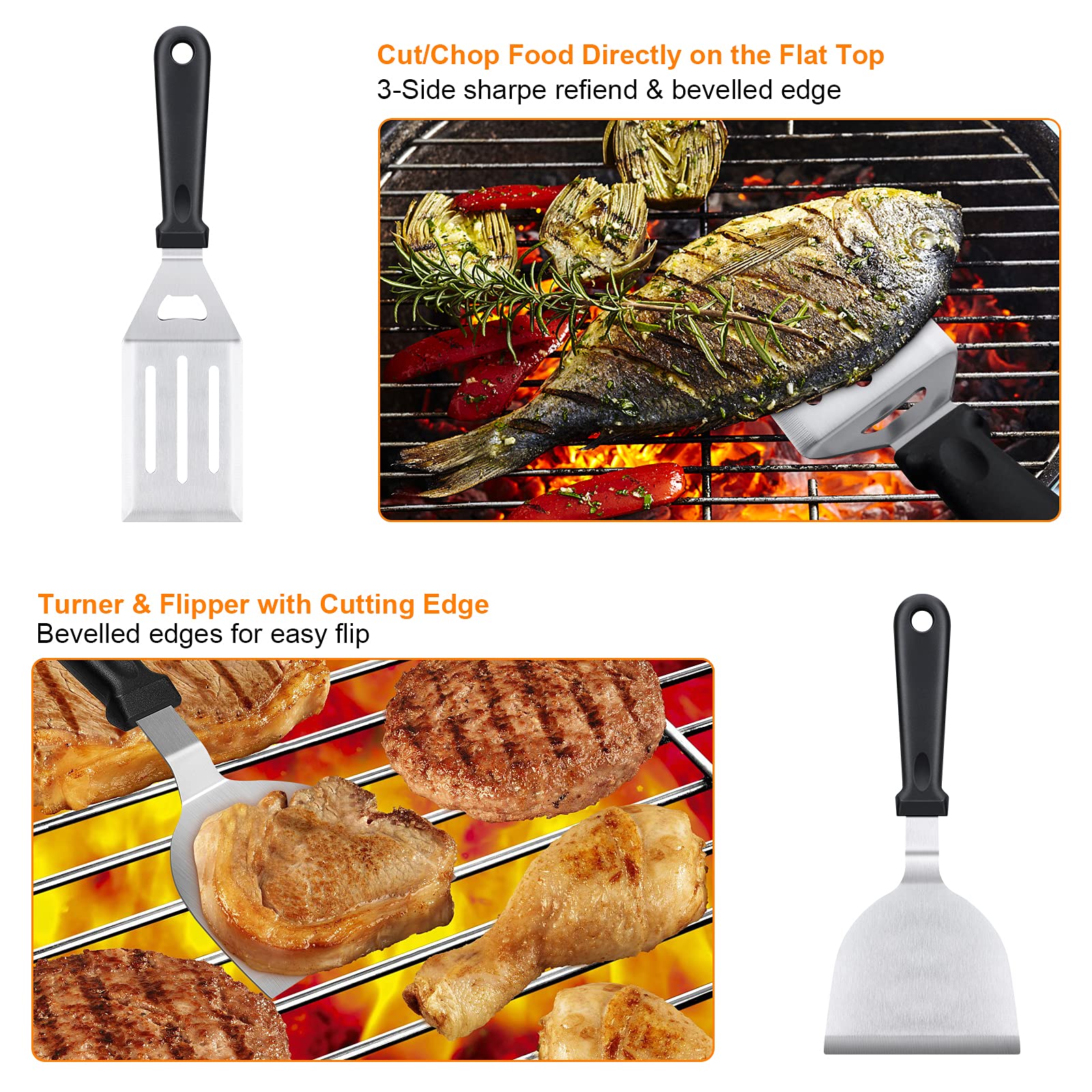XOOHP griddle in use flipping burgers demonstrating professional control and speed