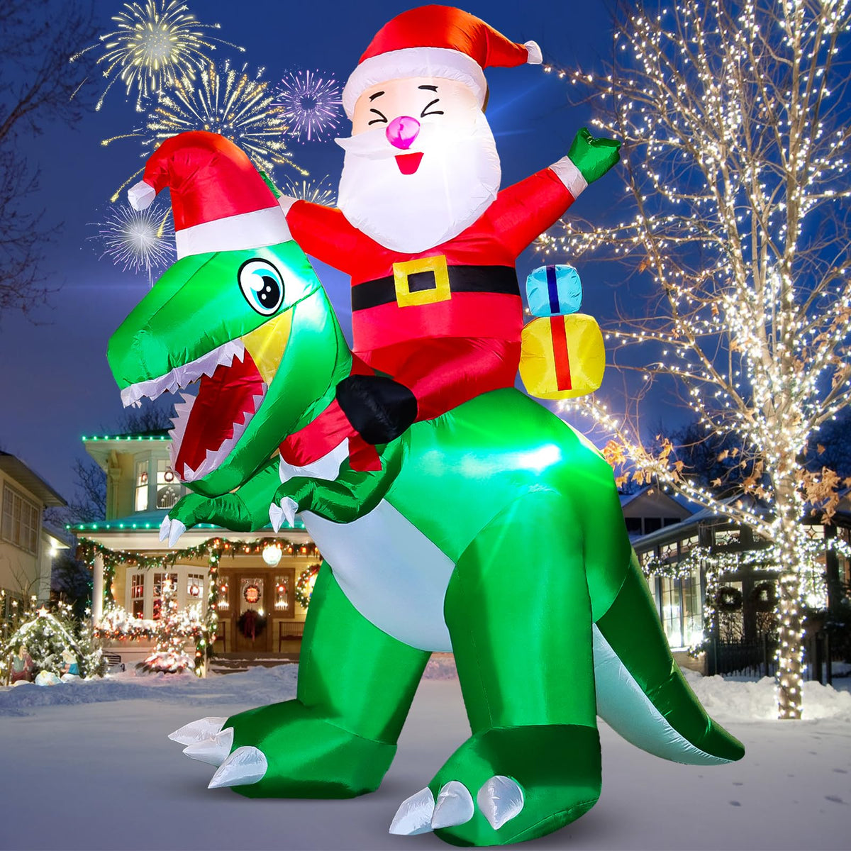 XOOWOO front view of Santa riding dinosaur inflatable showing festive design and curb appeal