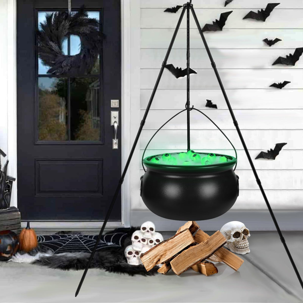XOYTN front view of cauldron on tripod showing dramatic yard centerpiece
