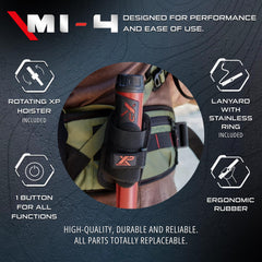 XP Metal Detectors MI-4 next to a tape measure and holster showing compact size and portability