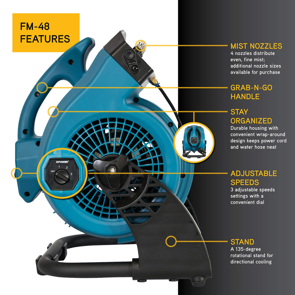 XPOWER FM-48 misting nozzle detail demonstrating fine mist cooling benefit