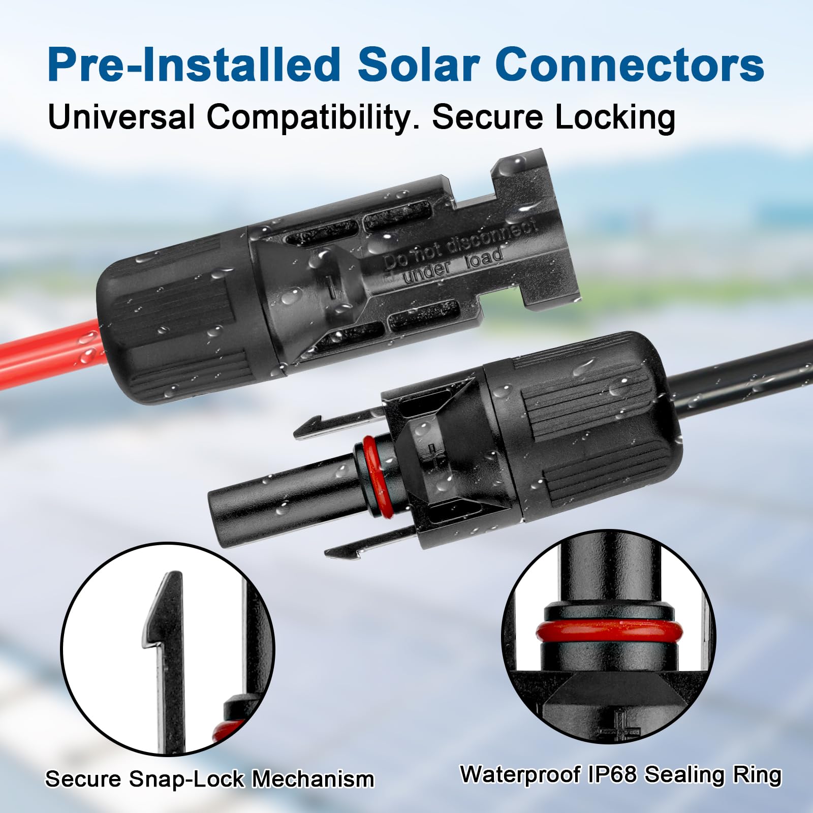 XRDS -RF male and female solar connectors detail for tool-free secure connections benefit