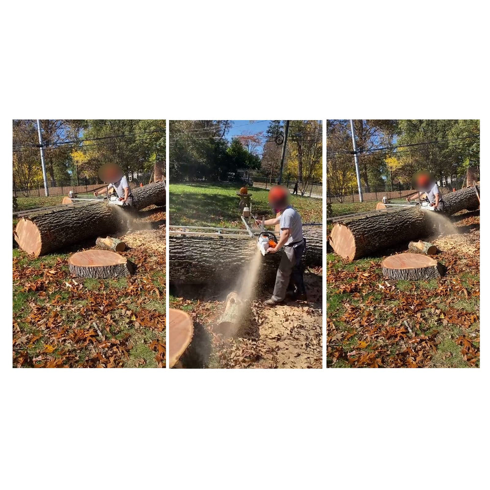 XSLOER user milling in a backyard setting, demonstrates on-site lumber milling