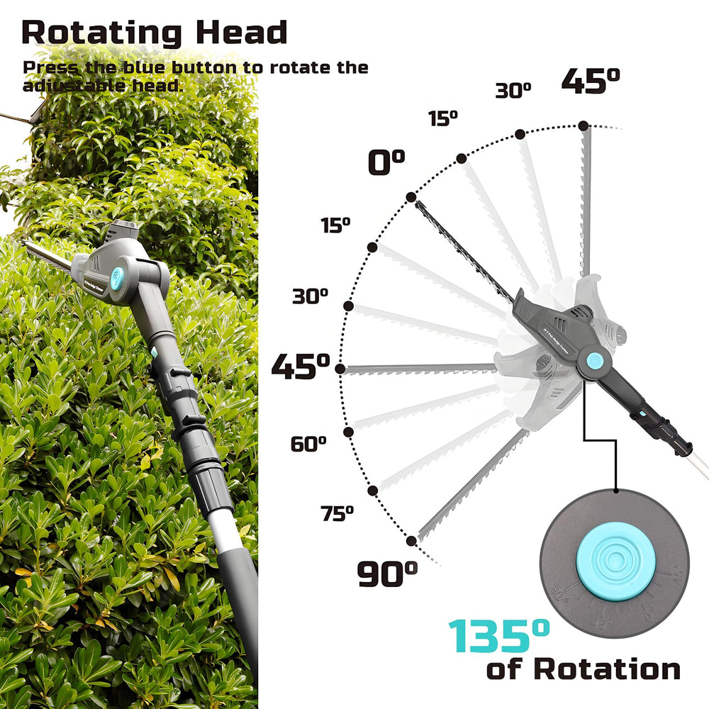 XSSIVE pole fully extended reaching tall hedge for ladder-free trimming