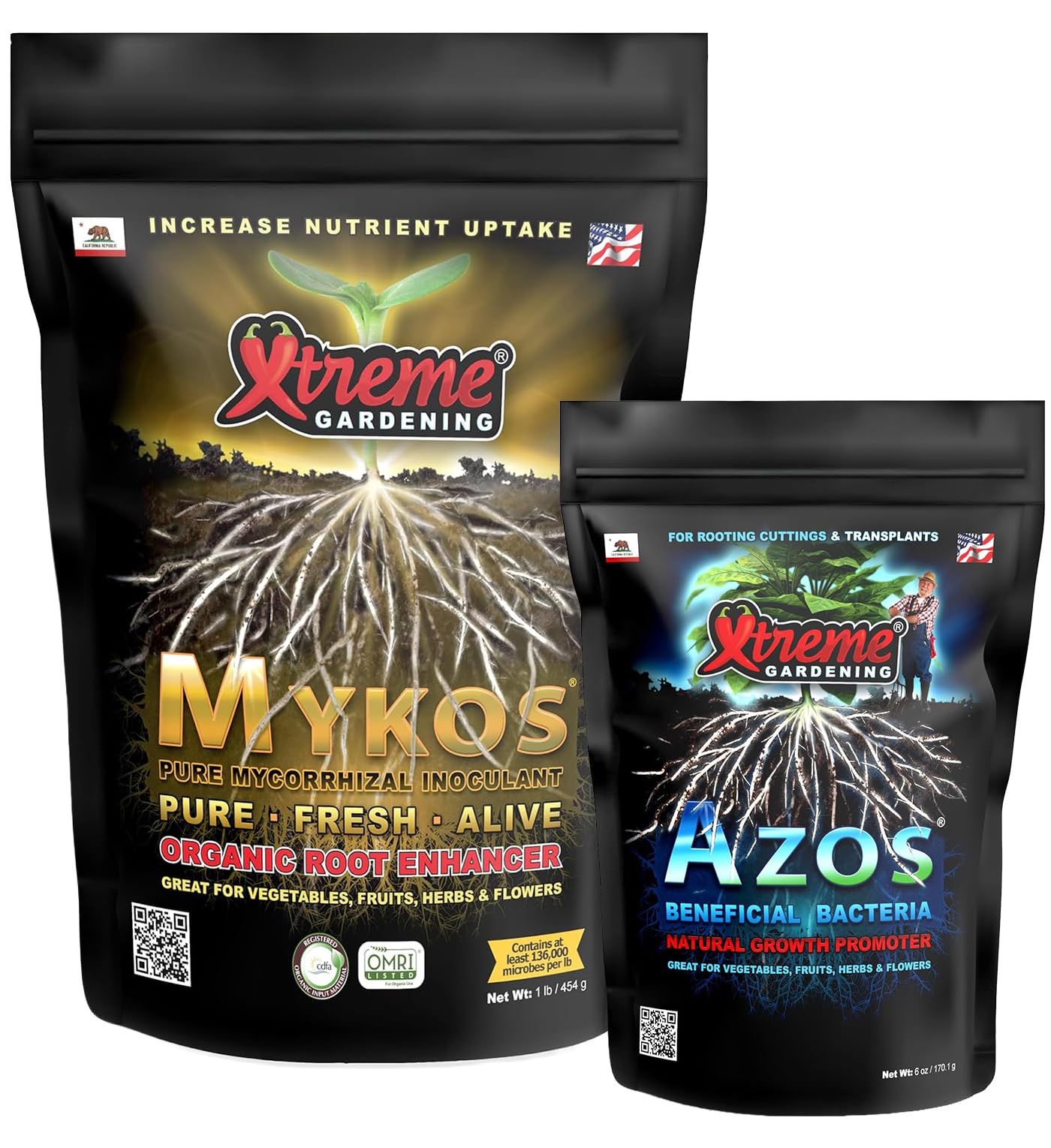 Xtreme Gardening packaging front view showing both products and clear labeling benefit
