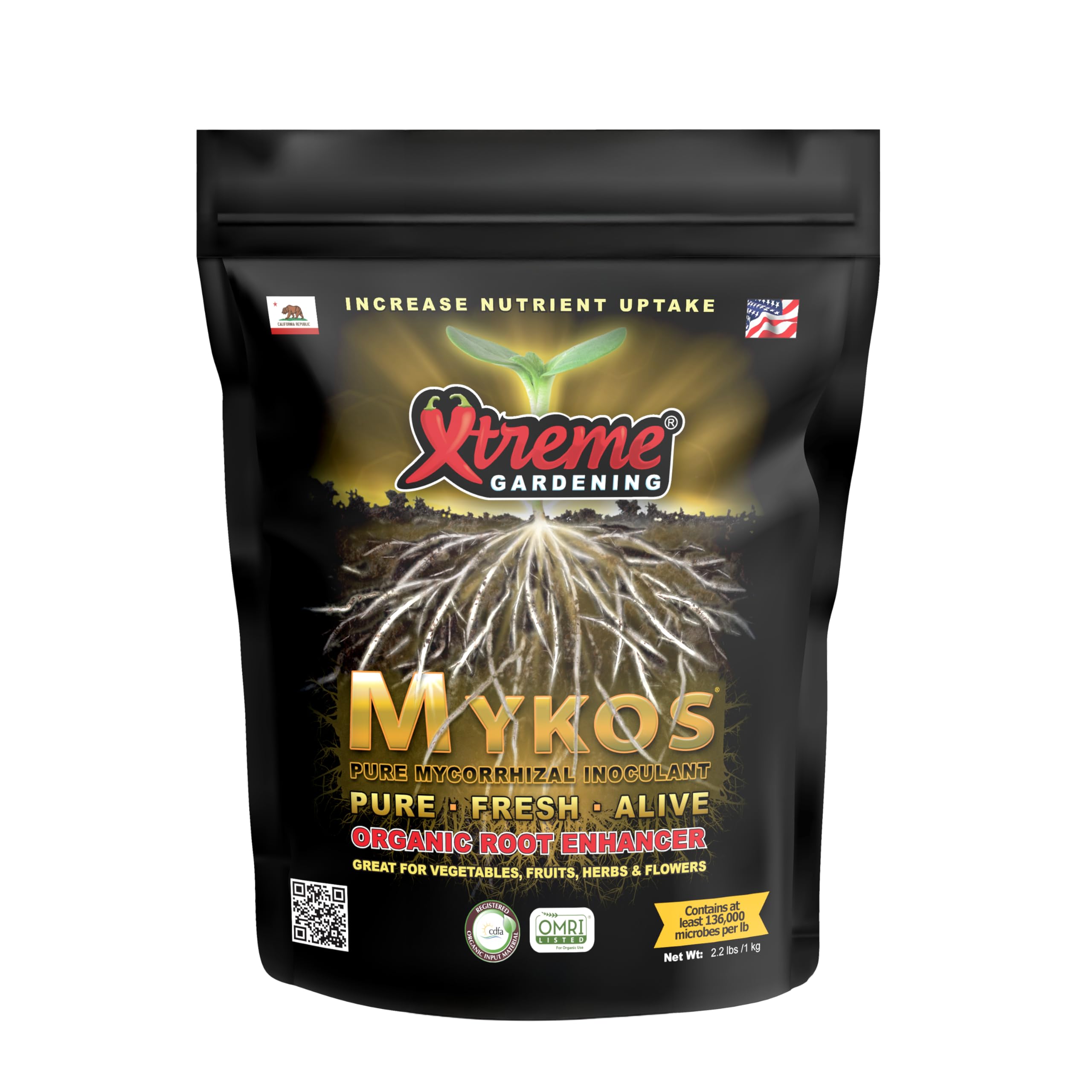 Xtreme Gardening Mykos product bag shown front, highlights organic root benefits